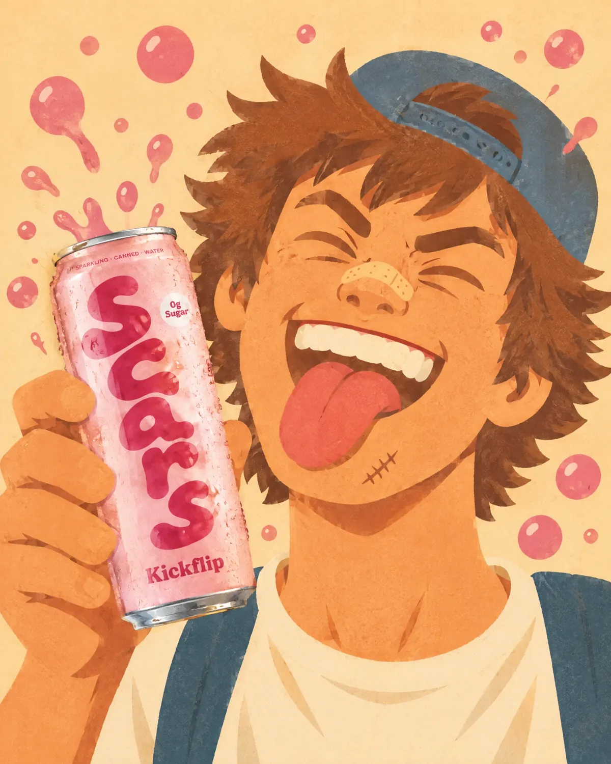 Illustration: a grinning skater with a band-aid on his nose sticks out his tongue and holds a can of scars Kickflip