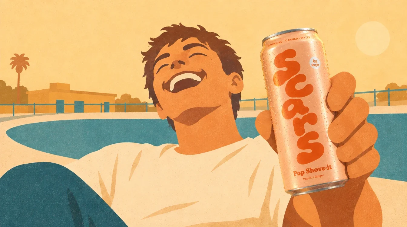 Illustration: a laughing skater in the bowl holds up an ice-cold can of scars Pop Shove-it